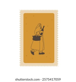 Wine lover on postal stamp. Customer buys beverage square zigzag edges emblem. Party with alcohol drinks. Woman with bottle. Vector hand drawn doodle illustration.