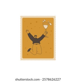 Wine lover on postal stamp. Tasting event square zigzag edges emblem. Party with alcohol drinks. Person with wineglass visit a vineyard. Vector hand drawn doodle illustration.