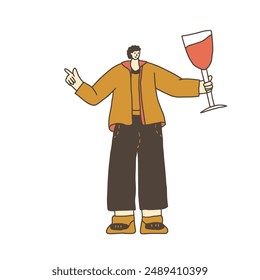 Wine lover. Person resting with alcohol beverage. Vector hand drawn doodle illustration on white background.