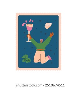 Wine lover postal stamp isolated on white background. Stylized character with wine glass square sticker. Vector hand drawn illustration