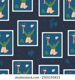 Wine lover postal stamp seamless pattern. Bento box repeat background with cute character with wineglass. Vector hand drawn flat illustration.