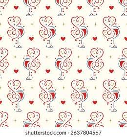 Wine Lover. Romantic Vector Seamless Pattern of Wine Glasses with Hearts, Shining Stars, Wine Splashes