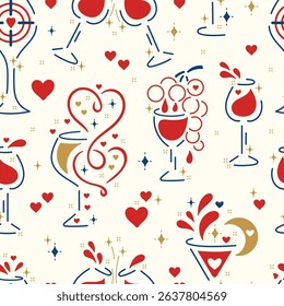 Wine Lover. Romantic Vector Seamless Pattern of Wine Glasses with Hearts, Shining Stars, Wine Splashes