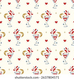 Wine Lover. Romantic Vector Seamless Pattern of Wine Glasses with Hearts, Shining Stars, Wine Splashes