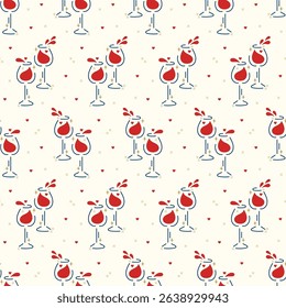 Wine Lover. Romantic Vector Seamless Pattern of Wine Glasses with Hearts, Shining Stars, Wine Splashes