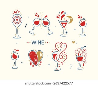 Wine Lover – Romantic Vector Set of Glasses with Hearts, Shining Stars, Wine Splashes