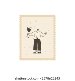 Wine lover toasting on postal stamp. Tasting event square zigzag edges emblem. Party with alcohol drinks. Man with wineglass have fun. Vector hand drawn doodle illustration.