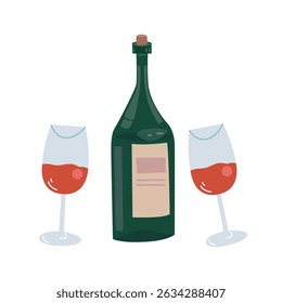 Ilustrações de vetor de amante do vinho. Garrafa de vinho plana, copo de vinho. Elementos de design de bebidas e álcool, adesivos. Ilustração para design de menu de bar ou restaurante