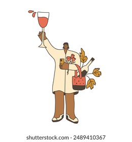 Wine lover. Woman with wineglass and bag with bottle. Cute character with alcohol beverage. Vector hand drawn doodle illustration on white background.