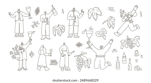 Wine lovers with bottles, glasses, and grapevines doodle set. Vector hand drawn collection illustration isolated on white background.