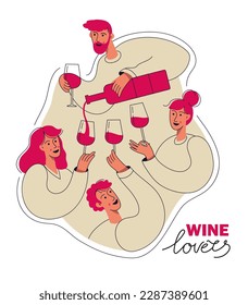 Wine lovers company with wineglasses. Men and women drinking the wine. Friendly party.; Vector illustration