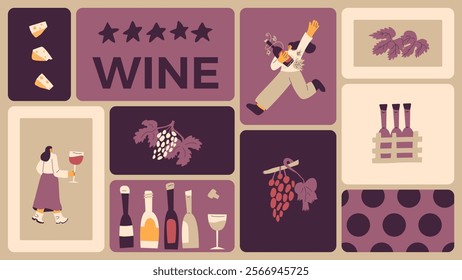 Wine lovers on bento grid box background. Tasting event on modular mosaic grid. Party with alcohol drinks. Women with wineglasses visit a vineyard. Geometric vector flat illustration.