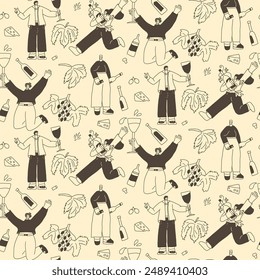 Wine lovers seamless pattern. Characters with wineglass endless background. Bunches of grapes and people repeat cover. Alcohol beverages continuous ornament. Vector hand drawn doodle illustration.