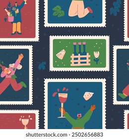 Wine lovers seamless pattern. Geometric emblem repeat background. Party retro post stamps endless design. Vector hand drawn flat illustration.