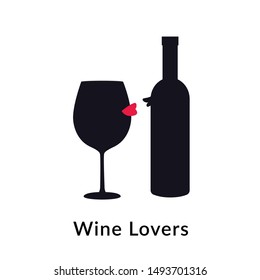 Wine lovers. Vector illustration of wineglass and bottle in love. Flat black silhouette. Wine testing. Banner, poster, card