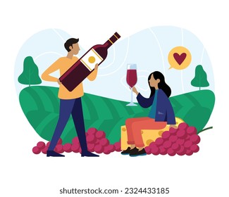 Vino hecho con amor. Hombre y mujer degustando vino tinto y queso en la naturaleza. Dando paseos por los viñedos. Personajes de dibujos animados de jóvenes que se ocupan de la producción de vino