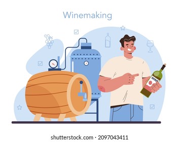 Wine maker concept. Grape wine aging in a wood barrel. Wine factory production. Grape fermantation and bottling. Flat vector illustration