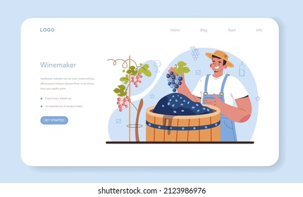 Wine maker concept. Grape wine aging in a wood barrel. Wine factory production. Manual grape harvesting, fermantation and tasting. Flat vector illustration