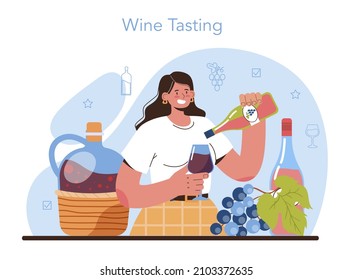 Wine maker concept. Grape wine puted in bottles for sale. Alcohol aging. Champagne, red, white and rose wine tasting. Glass full of alcohol drink. Flat vector illustration