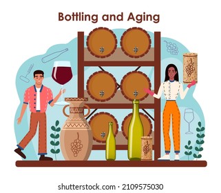 Wine maker concept. Grape wine puted in bottles for sale. Alcohol aging. Champagne, red, white and rose wine. Glass full of alcohol drink. Flat vector illustration