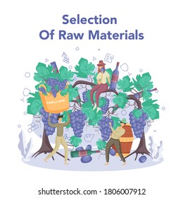 Wine maker concept. Grape wine in a wood barrel, bottle of a red wine and glass full of alcohol drink. Grape selection. Isolated vector illustration