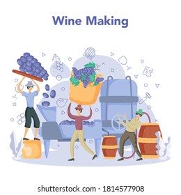 Wine maker concept. Grape wine in a wood barrel, bottle of a red wine and glass full of alcohol drink. Isolated vector illustration