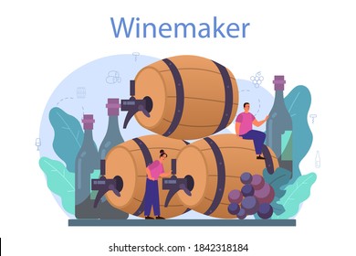 Wine maker concept. Grape wine in a wood barrel, bottle of a red wine and glass full of alcohol drink. Reciepe development, exposure and samping, grape selection. Isolated vector illustration