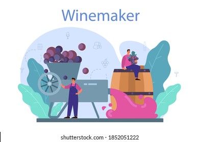 Wine maker concept. Grape wine in a wood barrel, bottle of a red wine and glass full of alcohol drink. Reciepe development, exposure and samping, grape selection. Isolated vector illustration