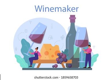 Wine maker concept. Grape wine in a wood barrel, bottle of a red wine and glass full of alcohol drink. Reciepe development, exposure and samping, grape selection. Isolated vector illustration