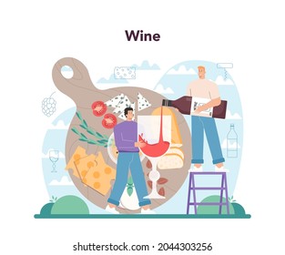 Wine maker concept. Grape wine in a wood barrel, bottle of a red wine and glass full of alcohol drink. Reciepe development, exposure and samping, grape selection. Isolated vector illustration