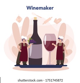 Wine maker concept. Man wearing his apron with a bottle of a red wine and glass full of alcohol drink. Grape wine in a wood barrel, wine storage. Isolated vector illustration