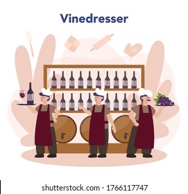 Wine maker concept. Man wearing his apron with a bottle of a red wine and glass full of alcohol drink. Grape wine in a wood barrel, wine storage. Isolated vector illustration