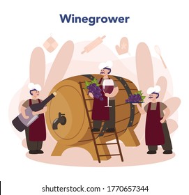 Wine maker concept. Man wearing his apron with a bottle of a red wine and glass full of alcohol drink. Grape wine in a wood barrel, wine storage. Isolated vector illustration