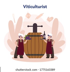 Wine maker concept. Man wearing his apron with a bottle of a red wine and glass full of alcohol drink. Grape wine in a wood barrel, wine storage. Isolated vector illustration