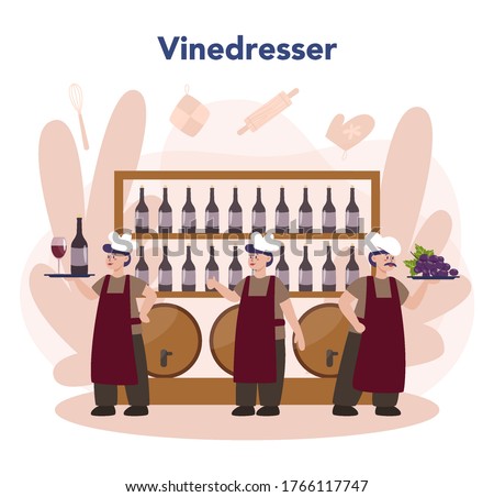 Wine maker concept. Man wearing his apron with a bottle of a red wine and glass full of alcohol drink. Grape wine in a wood barrel, wine storage. Isolated vector illustration