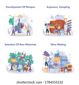Wine maker concept set. Grape wine in a wood barrel, bottle of a red wine and glass full of alcohol drink. Reciepe development, exposure and samping, grape selection. Isolated vector illustration