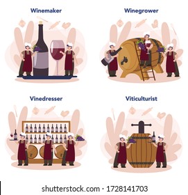 Wine maker concept set. Man wearing his apron with a bottle of a red wine and glass full of alcohol drink. Grape wine in a wood barrel, wine storage. Isolated vector illustration