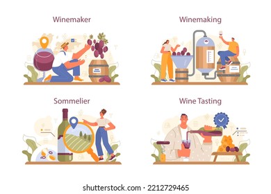 Wine maker concept set. Wood barrel, bottle of a red wine and glass full of alcohol drink. Reciepe development, exposure and samping, grape selection. Flat vector illustration