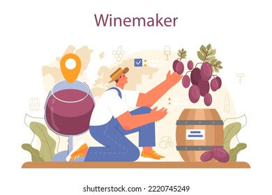 Wine maker concept. Wood barrel, bottle of a red wine and glass full of alcohol drink. Reciepe development, exposure and samping, grape selection. Flat vector illustration