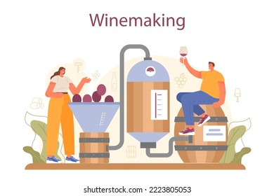Wine maker concept. Wood barrel, bottle of a red wine and glass full of alcohol drink. Reciepe development, exposure and samping, grape selection. Flat vector illustration