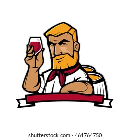 A wine maker holding a glass of wine inspecting from barrel. A contemporary cartoon style. Vector fully editable illustration. 