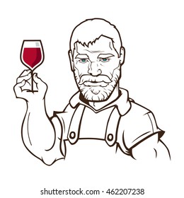 A wine maker holding a glass of wine inspecting from barrel. A contemporary cartoon style. Vector fully editable illustration. 