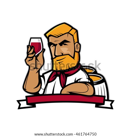 A wine maker holding a glass of wine inspecting from barrel. A contemporary cartoon style. Vector fully editable illustration. 