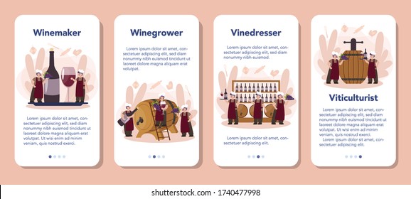 Wine maker mobile application banner set. Man wearing his apron with a bottle of a red wine and glass full of alcohol drink. Grape wine in a wood barrel, wine storage. Isolated vector illustration