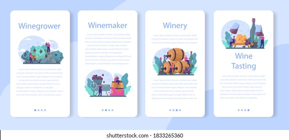 Wine maker mobile application banner set. Grape wine in a wood barrel. Reciepe development, exposure and samping, grape selection. Isolated vector illustration