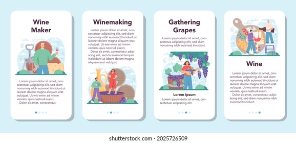 Wine maker mobile application banner set. Grape wine in a wood barrel, bottle of a red wine. Reciepe development, exposure and samping, grape selection. Flat vector illustration