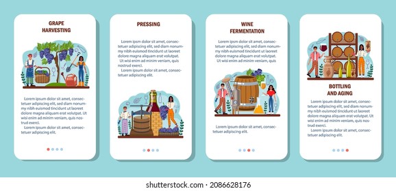 Wine maker mobile application banner set. Grape wine aging in a wood barrel. Wine factory production. Manual grape harvesting, pressing, fermantation and bottling. Flat vector illustration