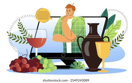 Wine maker en línea. Hombre en la pantalla de la computadora cerca del vino y las uvas. Bebida alcohólica y bebida. Sommelier en internet con alcohol. Ilustración vectorial plana aislada sobre fondo blanco