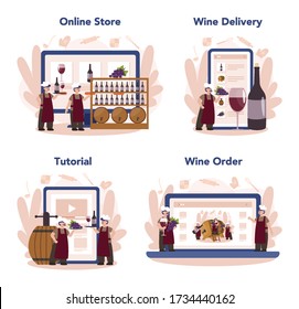 Wine maker online service or platform set. Man wearing his apron with a bottle of a red wine and glass full of alcohol drink. Online store, delivery, tutorial, order. Isolated vector illustration