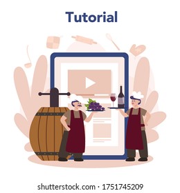 Wine maker online service or platform. Man wearing his apron with a bottle of a red wine and glass full of alcohol drink. Online video tutorial. Isolated vector illustration